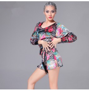 Green velvet rose floral printed round neck long sleeves competition performance professional women latin ballrom salsa dancing dresses skirts